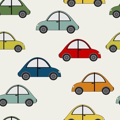 Seamless pattern of hand drawn cute colorful cartoon cars