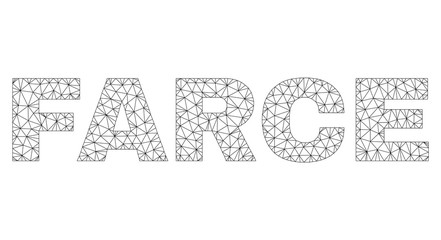 Mesh vector FARCE text. Abstract lines and small circles form FARCE black carcass symbols. Linear carcass flat polygonal mesh in vector EPS format.