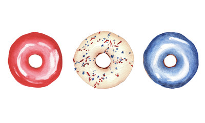 hand drawn watercolor set with donuts isolated on white background. colors of Unated States of America