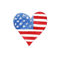 hand drawn watercolor heart with american flag isolated on white background