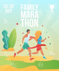 Gradient cartoon flat characters doing summer sport activity,landing page,marathon banner flyer poster,web online concept,healthy lifestyle design.Flat cartoon family people running,sporting,training