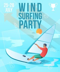 Gradient cartoon flat character doing summer sport activity,landing page,party banner flyer poster,web online concept,healthy lifestyle design.Flat cartoon man windsurfing,sporting,sea surfing on wave