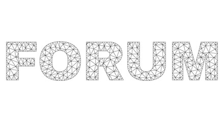Mesh vector FORUM text. Abstract lines and circle dots form FORUM black carcass symbols. Linear carcass 2D triangular mesh in eps vector format.