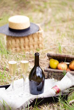 Two glasses of champagne and bottle on tray on the grass and fruits