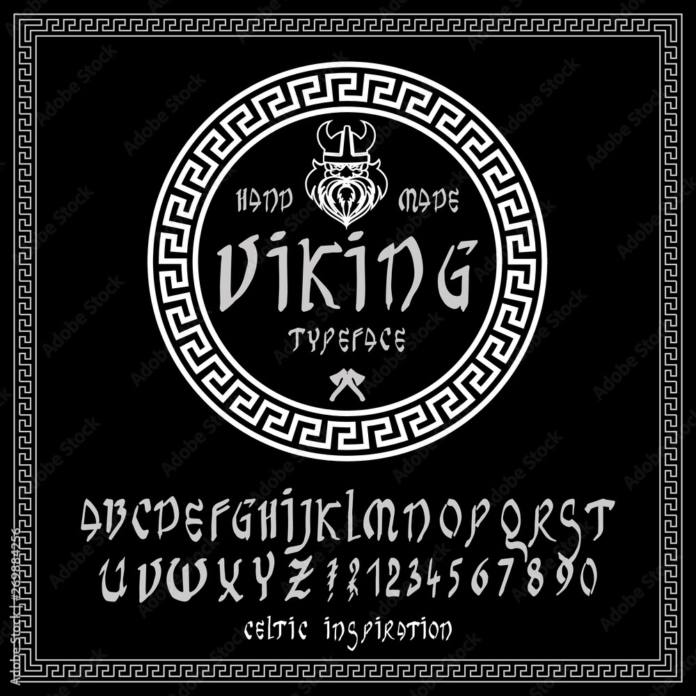 Fototapete Viking typeface.Light print on Black background. Celtic or runic typeface with uppercase letters, numbers and additional symbols. Font perfect for headers, games or metal albums. 