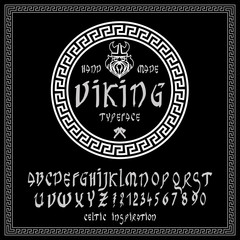 Viking typeface.Light print on Black background. Celtic or runic typeface with uppercase letters, numbers and additional symbols. Font perfect for headers, games or metal albums. 