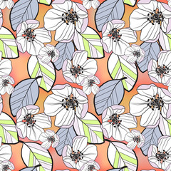 Beautiful seamless abstract pattern of small white and lilac apple flowers and colored leaves, on orange-yellow gradient background, vector.