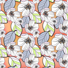 Fototapeta premium Beautiful seamless abstract pattern of small white and lilac apple flowers and colored leaves, on orange-yellow gradient background, vector.