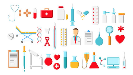 A large beautiful bright colored set of medical items and tools of a pharmacy or doctor's office, thermometer tablets syringes medication flasks on a white background. Vector illustration