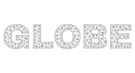 Mesh vector GLOBE text. Abstract lines and dots are organized into GLOBE black carcass symbols. Wire carcass flat polygonal mesh in vector EPS format.