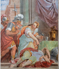 ACIREALE, ITALY - APRIL 11, 2018: The fresco of Jael and Sisera in church Chiesa di San Camillo by Pietro Paolo Vasta (1745 - 1750).