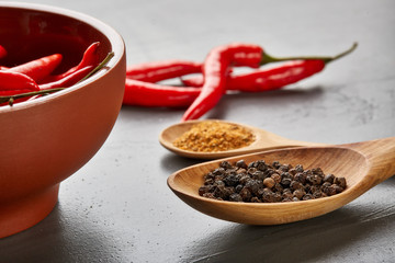 Various spices. Peppers.