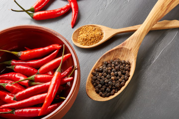 Various spices. Peppers.