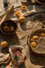 woman in gentle sundress cooking a sweet pie with fresh apricots on a sunny summer day