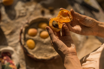 woman in gentle sundress cooking a sweet pie with fresh apricots on a sunny summer day