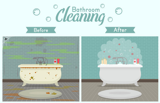 Clean and dirty bathroom in a modern style. Concept for cleaning companies. Before and After Cleaning. Flat vector illustration.