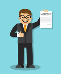 character, contract, document, vector, manager, business, illustration, businessman, paper, suit, isolated, man, white, professional, work, male, cartoon, people, sign, presentation, tie, person, succ