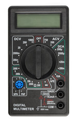 New digital multimeter, ammeter tester isolated on white background, top view.