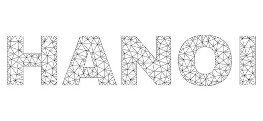 Mesh vector HANOI text caption. Abstract lines and points form HANOI black carcass symbols. Wire carcass 2D triangular mesh in vector EPS format.