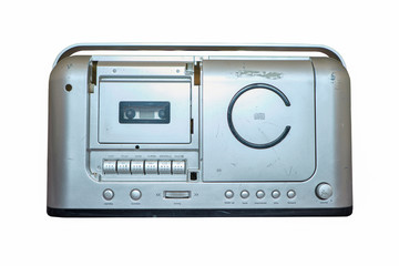 old vintage  audio cassette tape  and cd player old generation 20 years ago isolated on white background 