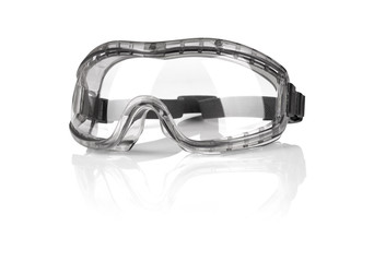 Plastic industrial safety goggles isolated on white background