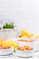 Homemade apple pie for a family breakfast. Baking in white ceramic form.