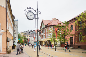 Zelenogradsk, Russia - May 15, 2019: Kurortny Prospect with a KRANZ clock