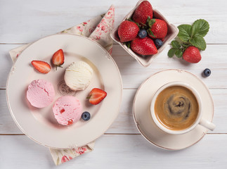 ice cream vanilla and strawberry  coffee top view