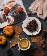 hygge tea cozy home autumn brownie  flat lay top view..