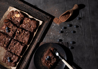 chocolate brownie berries dark photo rustic top view