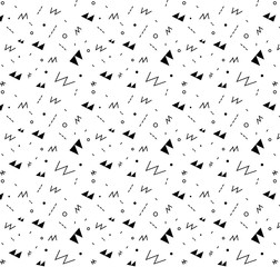 Seamless doodle pattern. Simple minimalistic background with various elements. Design for prints, shirts, fabrics and posters. Black and white. 
