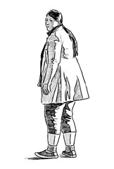 Sketch of a casual turned woman on a city street