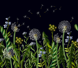 Obrazy na Szkle  Bezszwowy borser z mniszka lekarskiego i dzikich kwiatów. Bezszwowy borser z mniszka lekarskiego i dzikich kwiatów.
