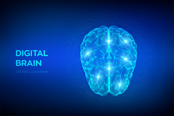Brain. Digital brain with binary code. 3D Science and Technology concept. Neural network. IQ testing, artificial intelligence virtual emulation science technology. Vector illustration.