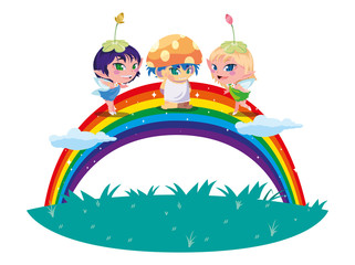 beautiful magic fairies with fungu elf and rainbow
