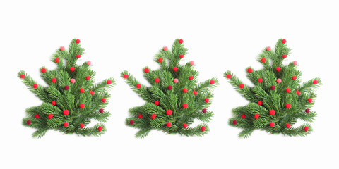 Fototapeta na wymiar Christmas tree made of fir branches, decorated with red balls. Simple flat lay composition. Horizontal banner