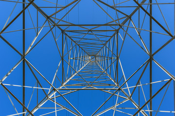 High voltage electricity pole view from underneath, blue sky
