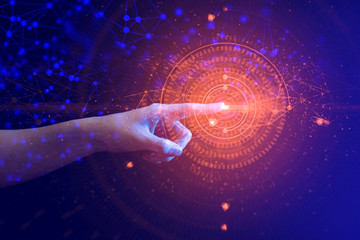 hand human touch on hologram ai, system of social network circle data, finger push on global...