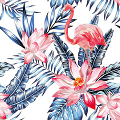 pink watercolor flamingo and blue palm leaves tropical seamless