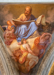 COMO, ITALY - MAY 8, 2015: The fresco of St. Mark the evangelist in church Basilica di San Fedele by Giovanni Valtorta  (1846).