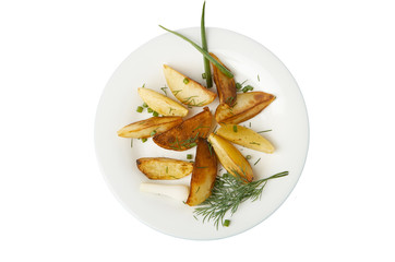 Lightly roasted potatoes with greens top view isolated on white