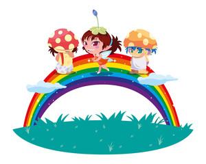 Obraz premium fungus elfs and fairy with rainbow