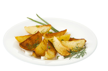 Fried potatoes with onions and dill isolated on white