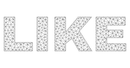 Mesh vector LIKE text. Abstract lines and circle dots are organized into LIKE black carcass symbols. Linear frame flat triangular mesh in vector format.