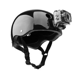 Bike helmet with action camera isolated on white background