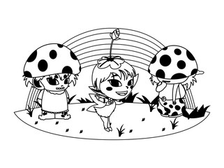 Obraz premium fungus elfs and fairy with rainbow