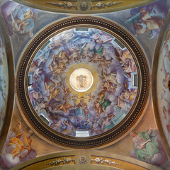 PARMA, ITALY - APRIL 16, 2018: The freso of Coronation of Virgin Mary in cupola of church Chiesa di Santa Croce by Giovanni Maria Conti della Camera (1614 - 1670).