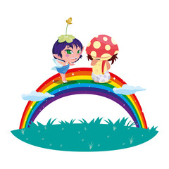 Obraz premium beautiful magic fairy and fungu elf with rainbow scene