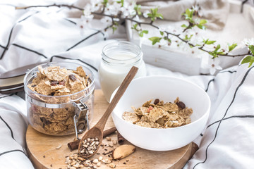 still life with a beautiful healthy Breakfast in bed