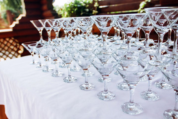 martini glass pyramid.  party in the wooden arbor